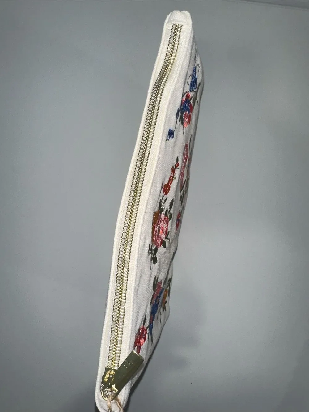 Punch Studio Ivory Muti Delicate Embroidered Floral Canvas Gold Tone Zip Pouch